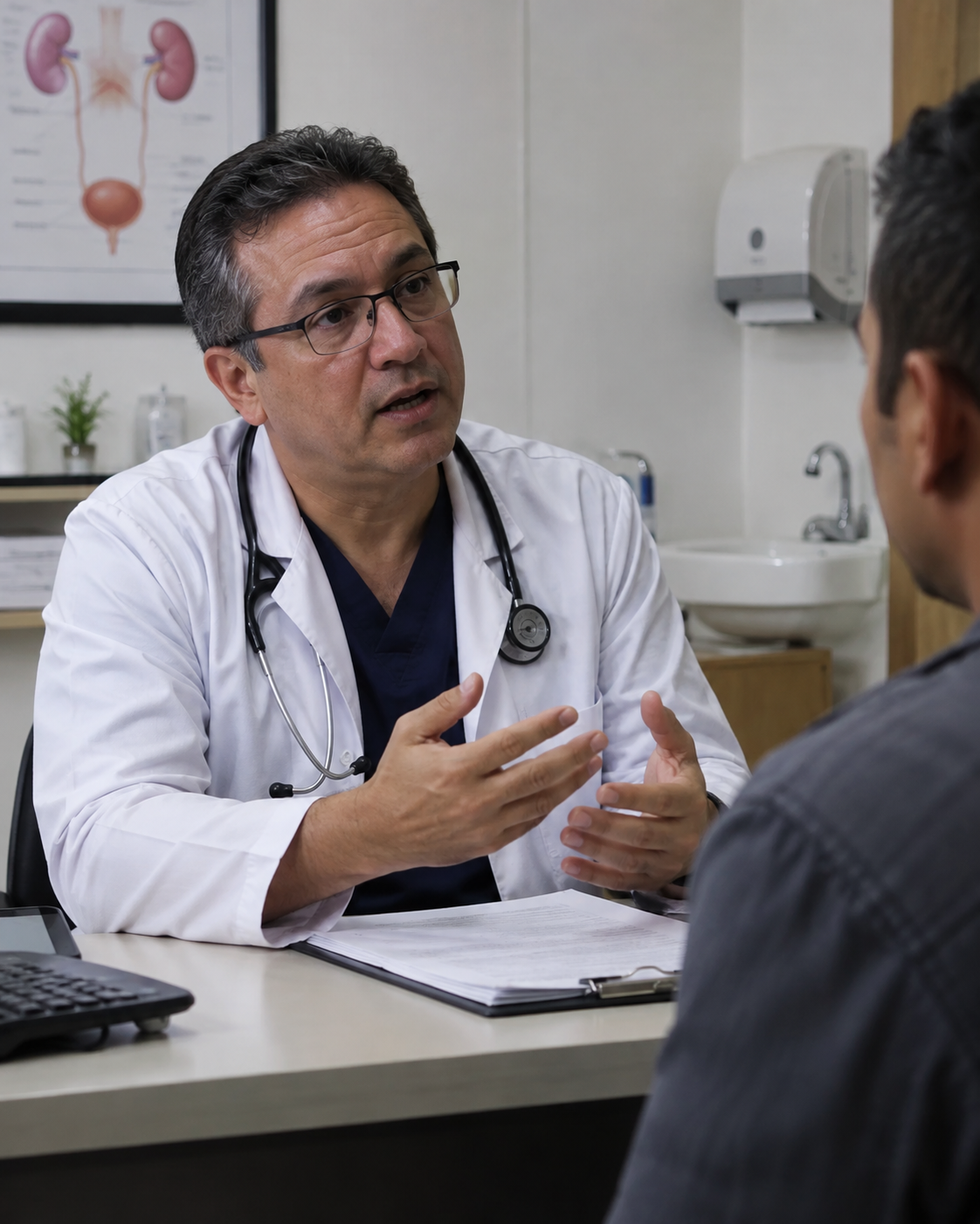 El doctor Iván Pacheco conversando en su consultorio